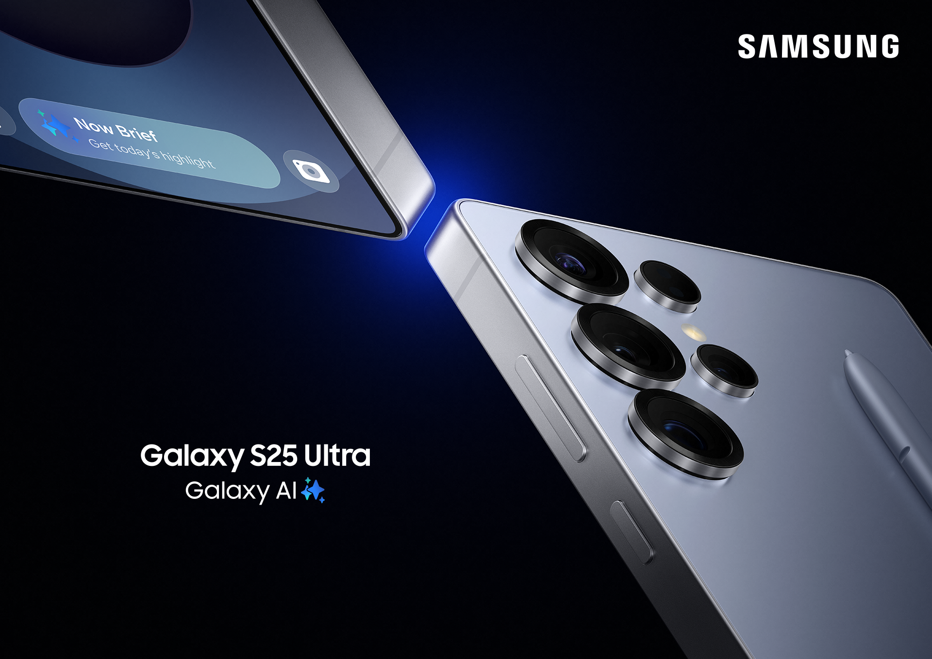 Beauty shot of two Samsung Galaxy S25 Ultra phones with Galaxy AI capabilities and an embedded S Pen.